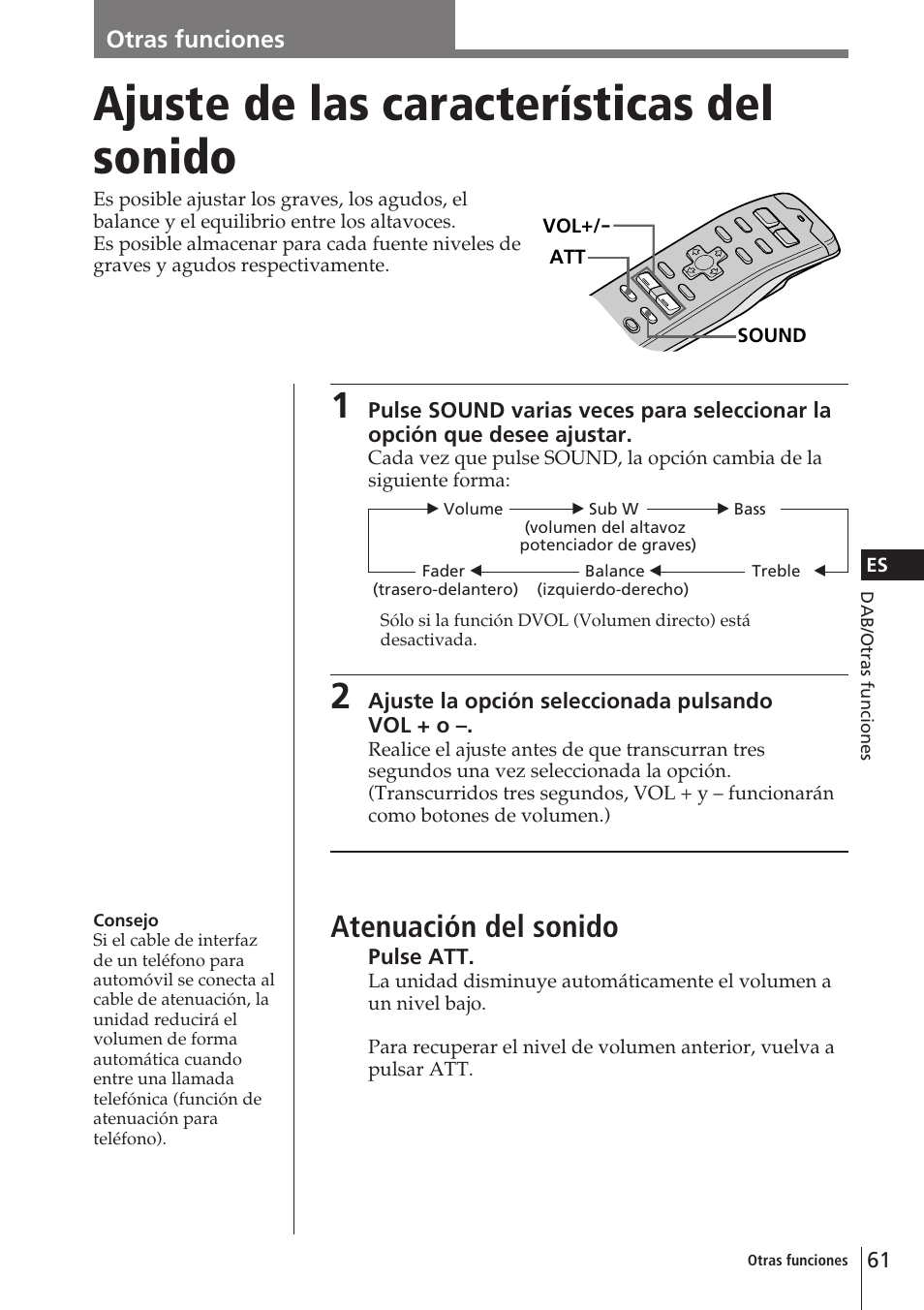 Ajuste de las características del sonido, Atenuación del sonido | Sony CDX-C90R User Manual | Page 145 / 170