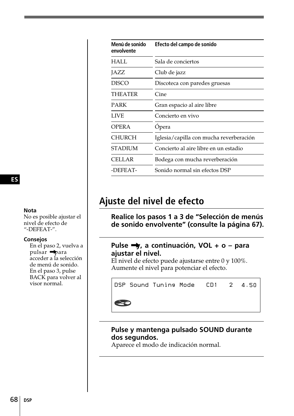 Sur hall effect 90, Ajuste del nivel de efecto | Sony CDX-C90R User Manual | Page 152 / 170