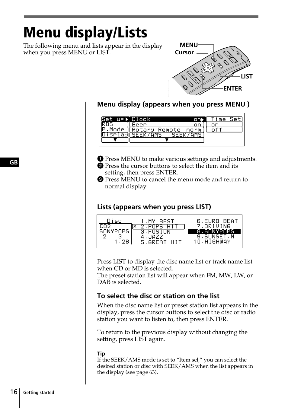 Menu display/lists | Sony CDX-C90R User Manual | Page 16 / 170