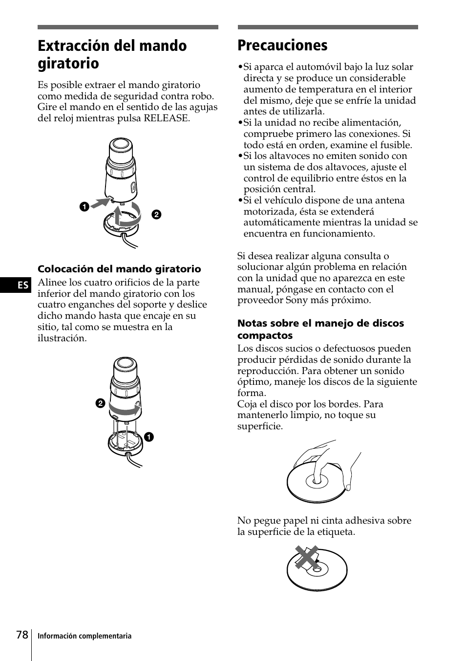 Precauciones, Extracción del mando giratorio | Sony CDX-C90R User Manual | Page 162 / 170