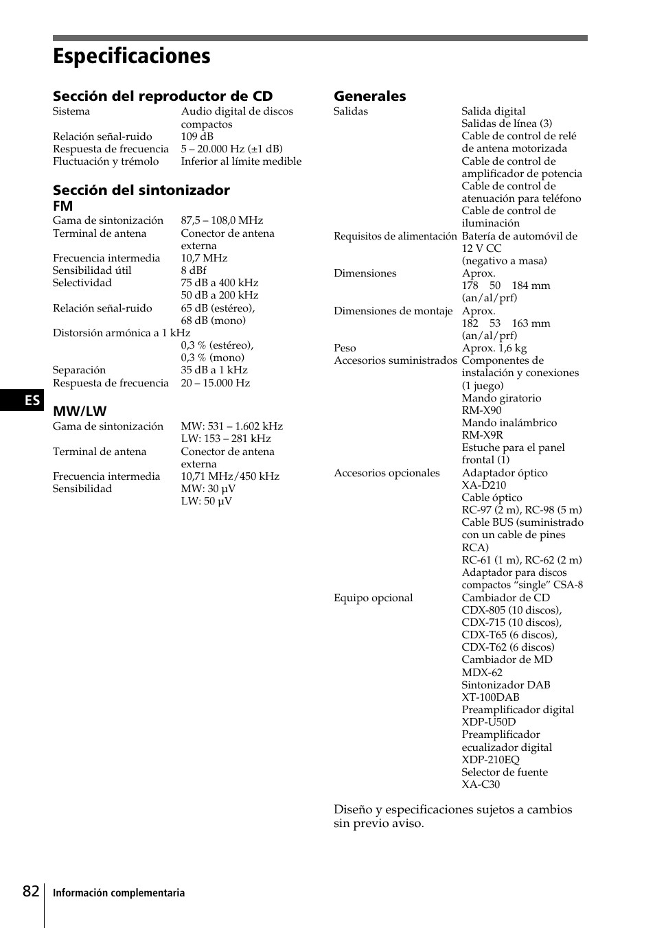 Especificaciones, Es sección del reproductor de cd, Sección del sintonizador fm | Mw/lw, Generales | Sony CDX-C90R User Manual | Page 166 / 170