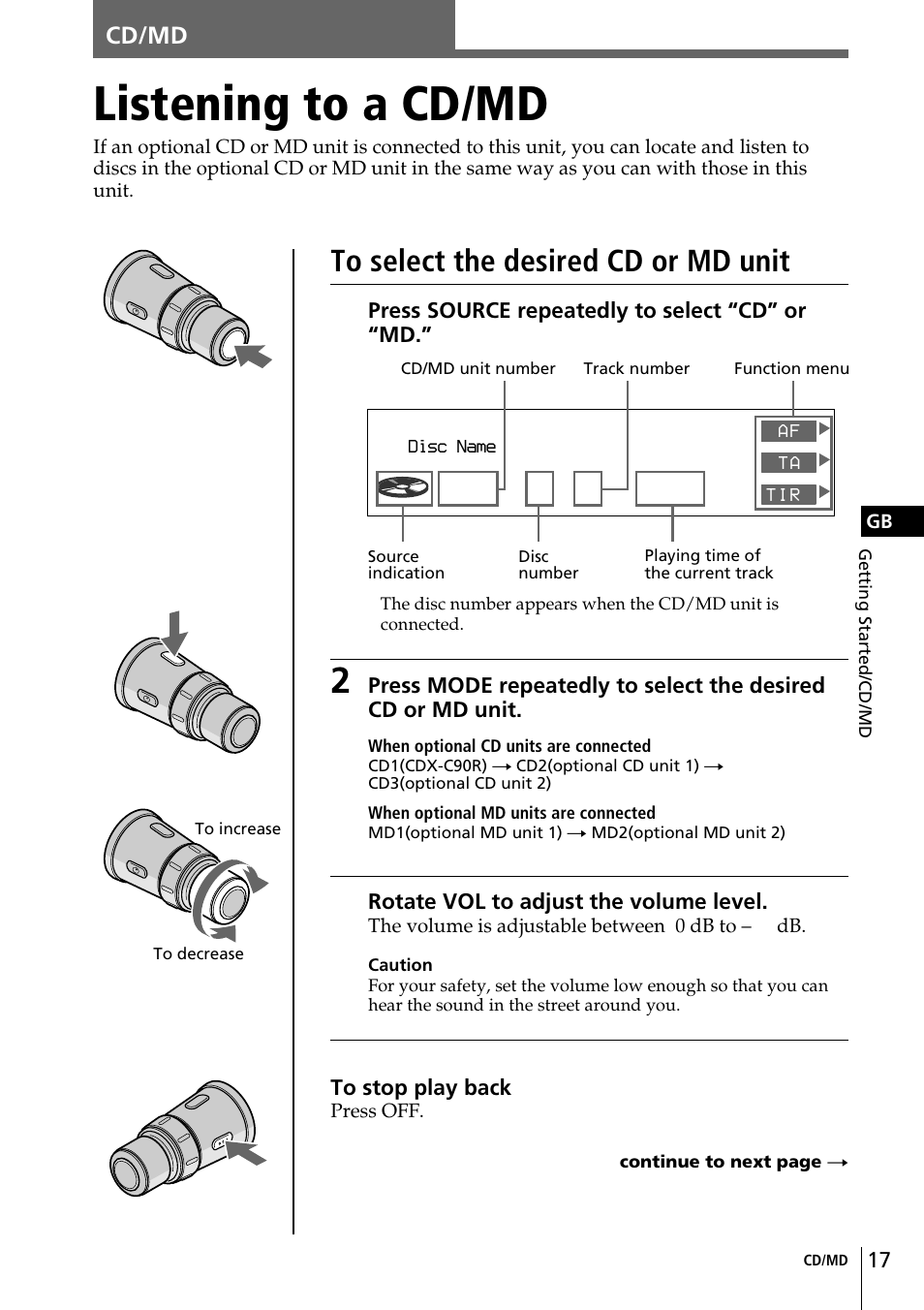 Listening to a cd/md | Sony CDX-C90R User Manual | Page 17 / 170