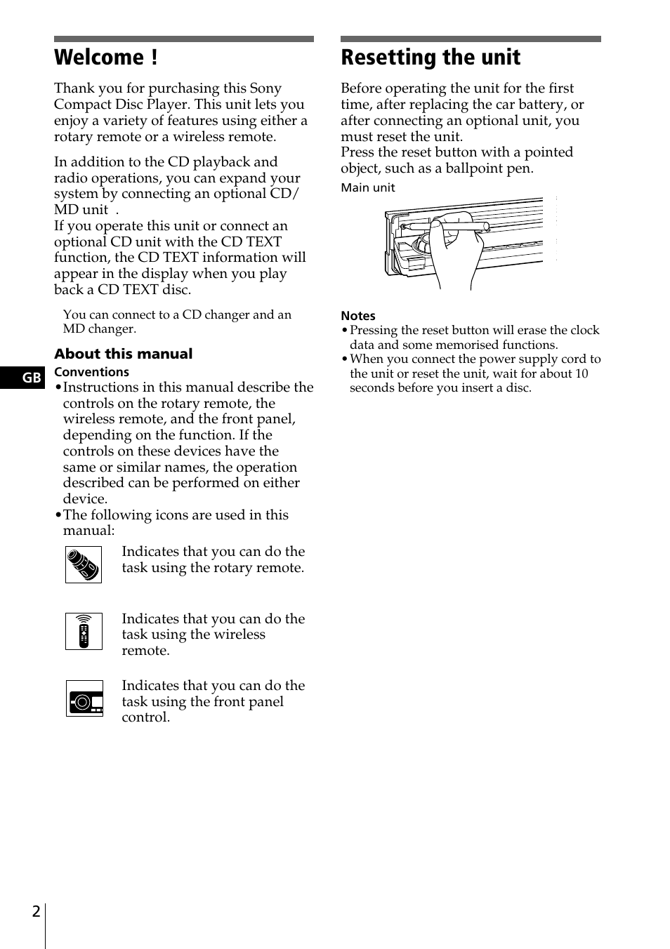 Resetting the unit, Welcome | Sony CDX-C90R User Manual | Page 2 / 170