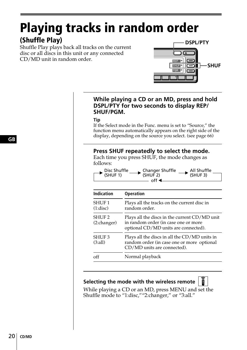 Playing tracks in random order, Shuffle play) | Sony CDX-C90R User Manual | Page 20 / 170