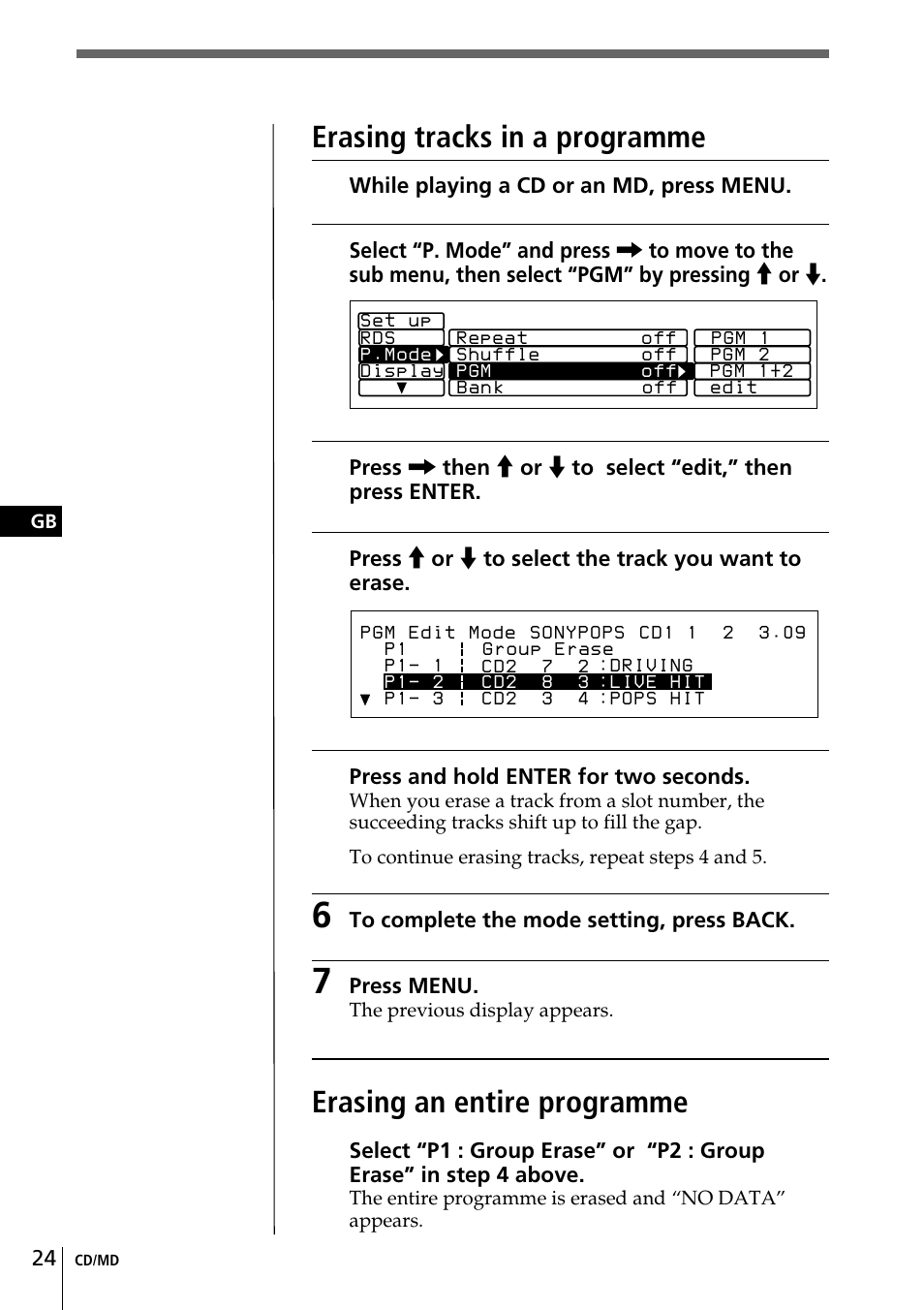 Erasing an entire programme, Erasing tracks in a programme | Sony CDX-C90R User Manual | Page 24 / 170