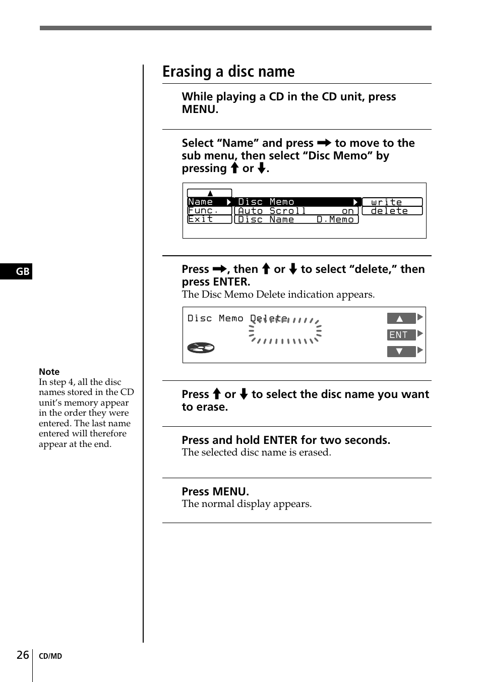 Erasing a disc name | Sony CDX-C90R User Manual | Page 26 / 170