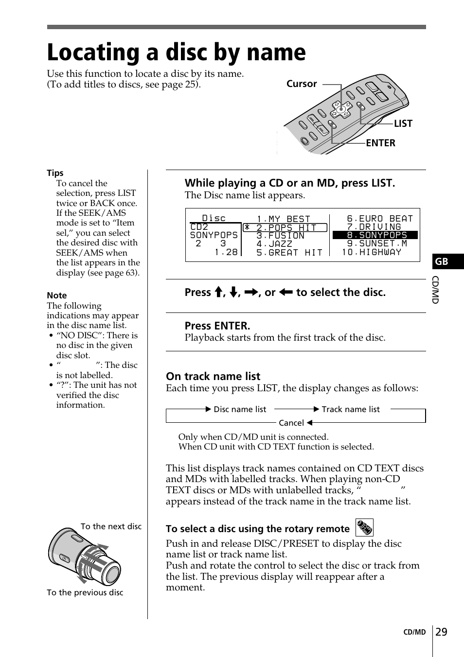 Locating a disc by name | Sony CDX-C90R User Manual | Page 29 / 170