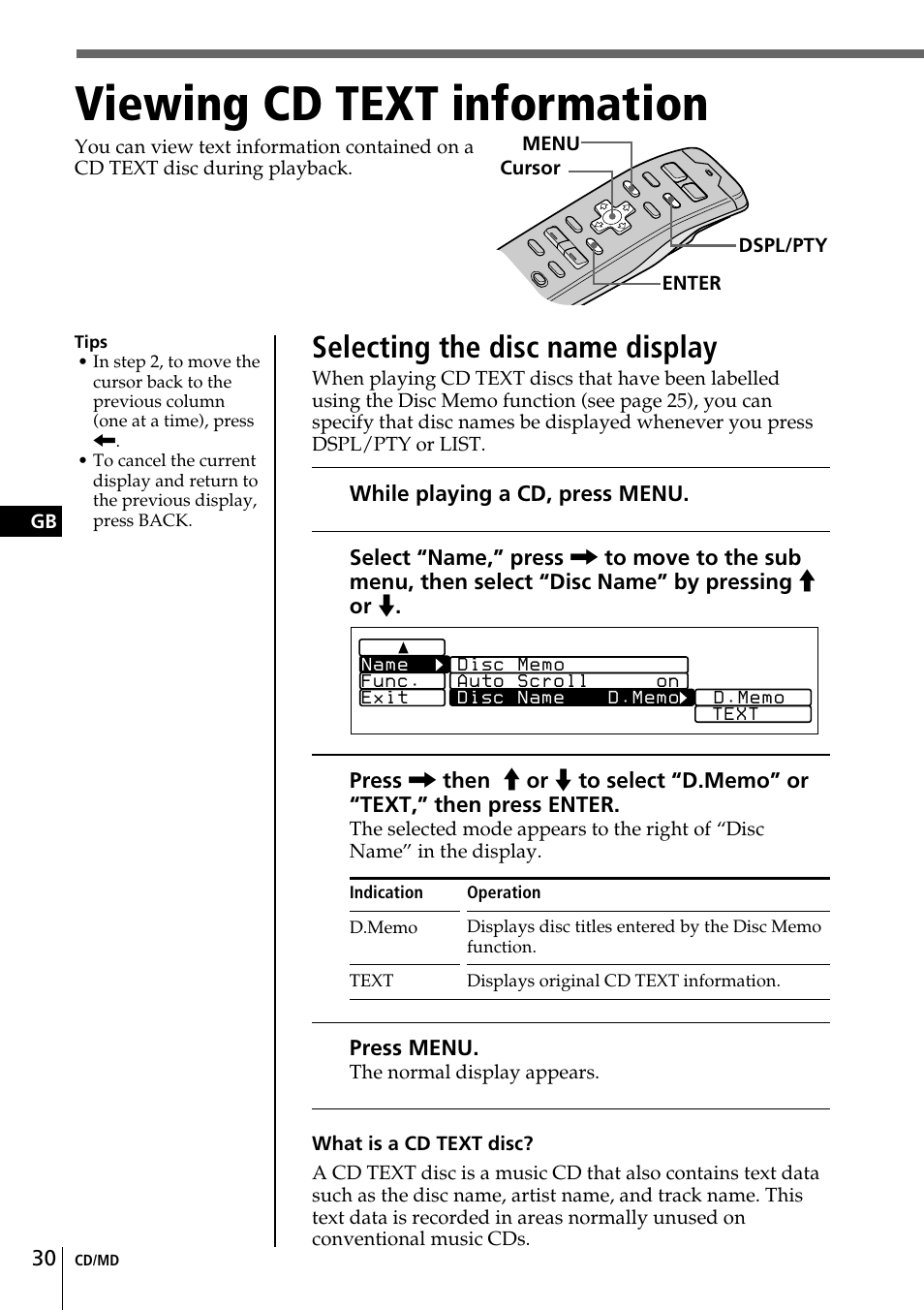 Viewing cd text information, Selecting the disc name display | Sony CDX-C90R User Manual | Page 30 / 170