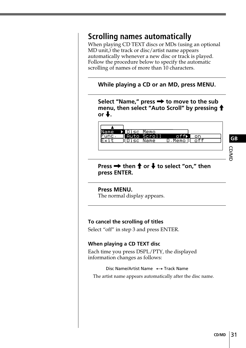 Scrolling names automatically | Sony CDX-C90R User Manual | Page 31 / 170