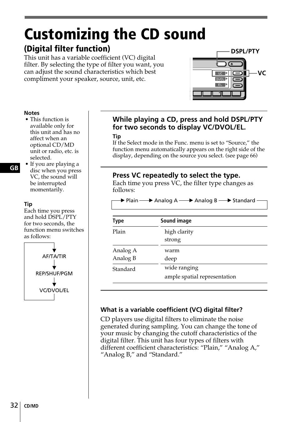 Customizing the cd sound, Digital filter function), Press vc repeatedly to select the type | Sony CDX-C90R User Manual | Page 32 / 170