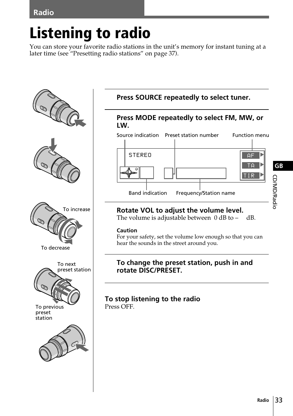 Listening to radio | Sony CDX-C90R User Manual | Page 33 / 170