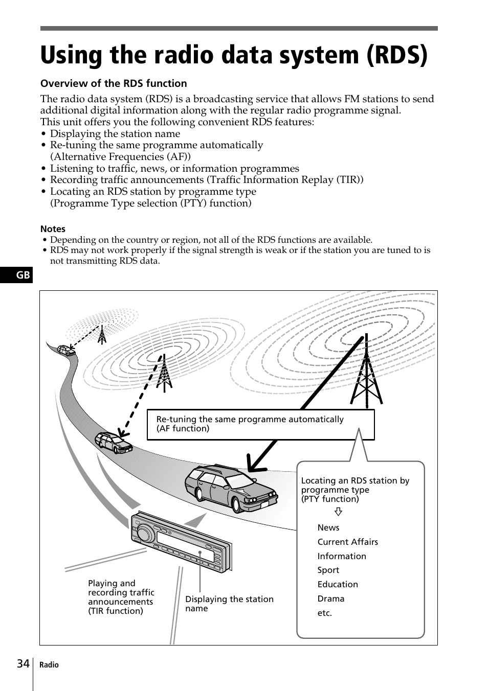 Using the radio data system (rds) | Sony CDX-C90R User Manual | Page 34 / 170