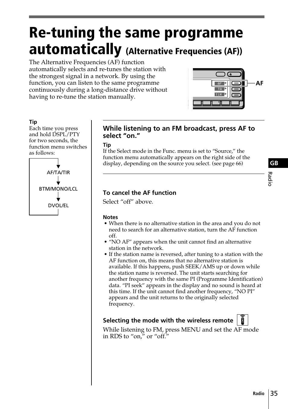 Re-tuning the same programme automatically, Alternative frequencies (af)) | Sony CDX-C90R User Manual | Page 35 / 170