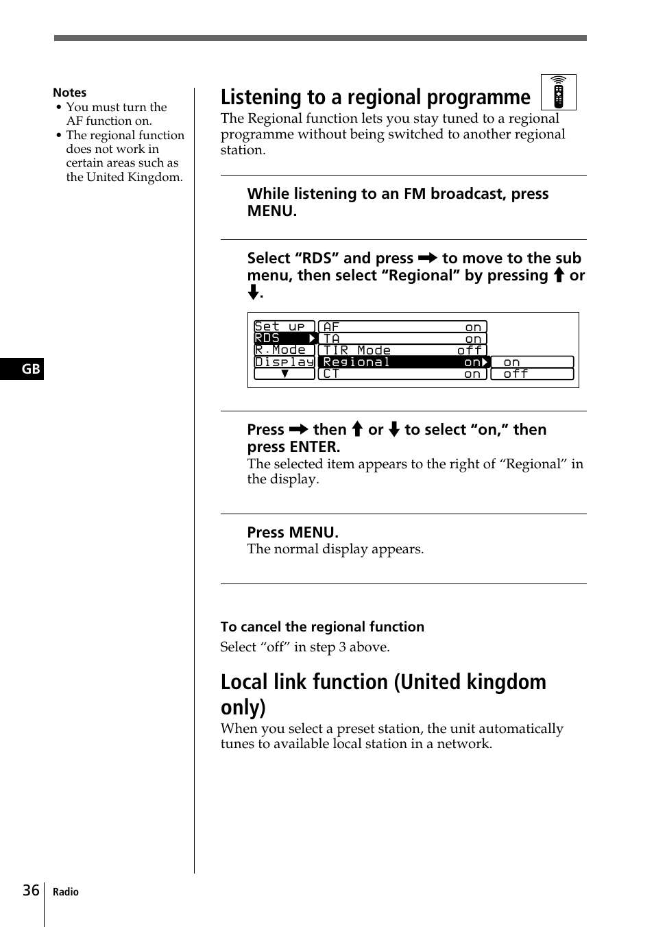 Listening to a regional programme, Local link function (united kingdom only) | Sony CDX-C90R User Manual | Page 36 / 170