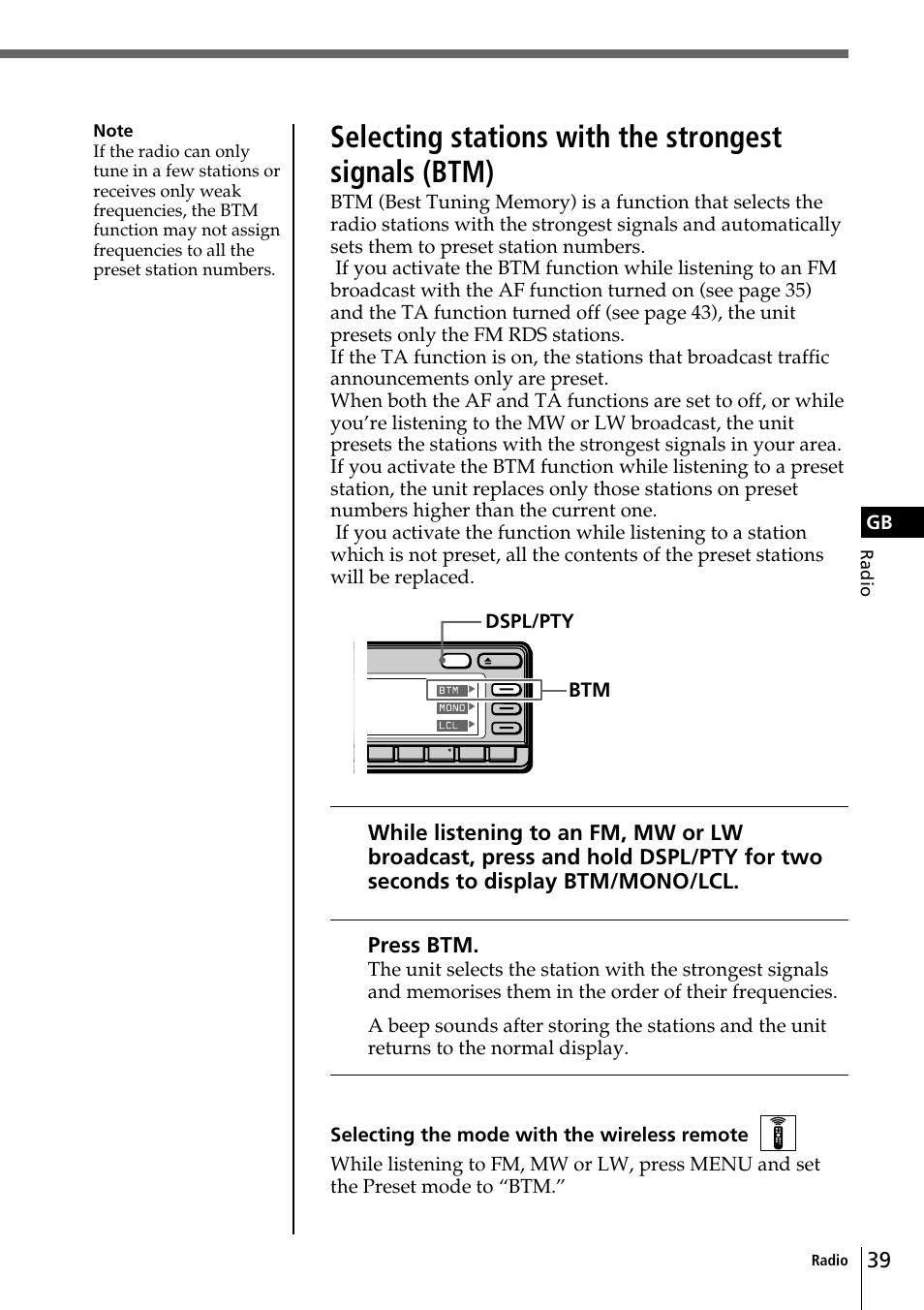 Press btm | Sony CDX-C90R User Manual | Page 39 / 170