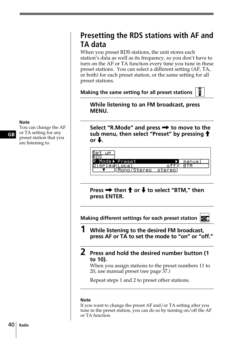 Presetting the rds stations with af and ta data | Sony CDX-C90R User Manual | Page 40 / 170