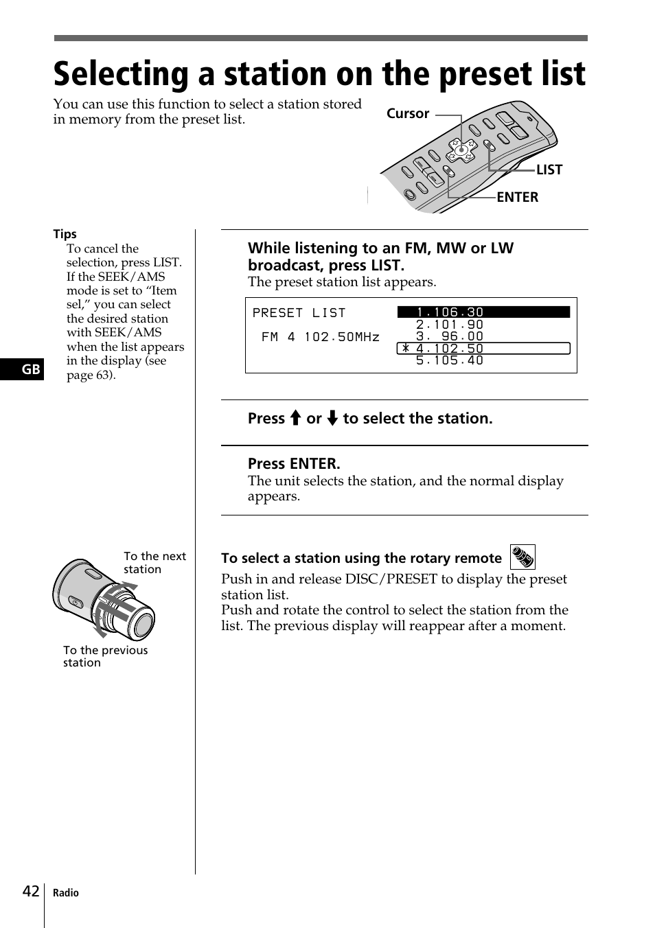 Selecting a station on the preset list | Sony CDX-C90R User Manual | Page 42 / 170