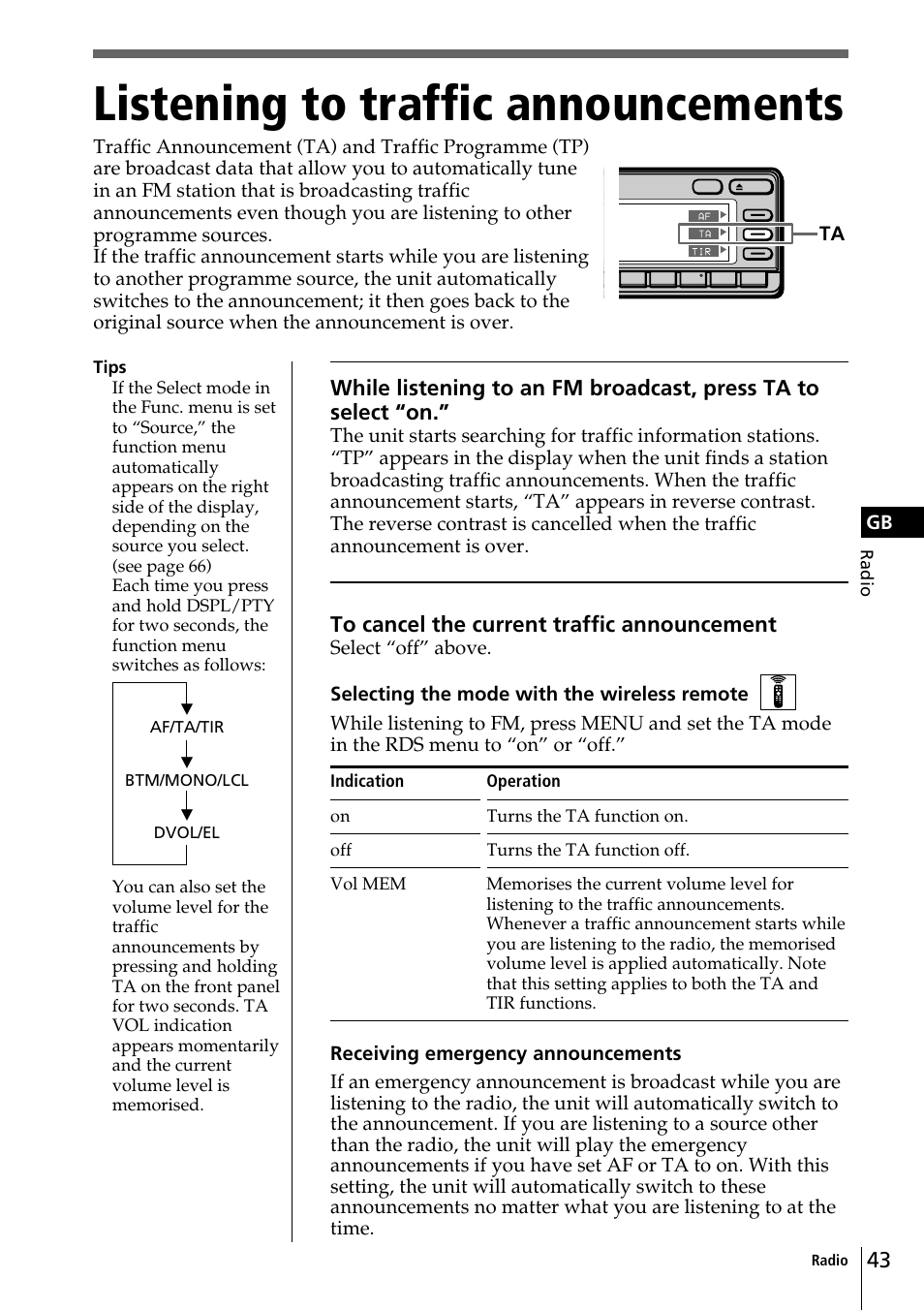Listening to traffic announcements | Sony CDX-C90R User Manual | Page 43 / 170
