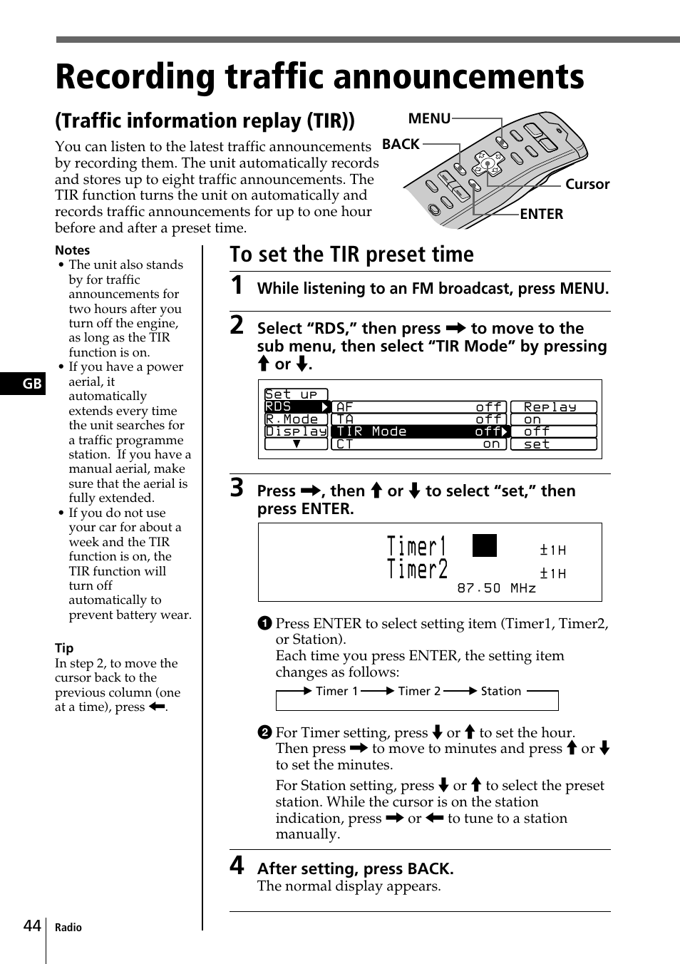 Recording traffic announcements, Traffic information replay (tir)) | Sony CDX-C90R User Manual | Page 44 / 170