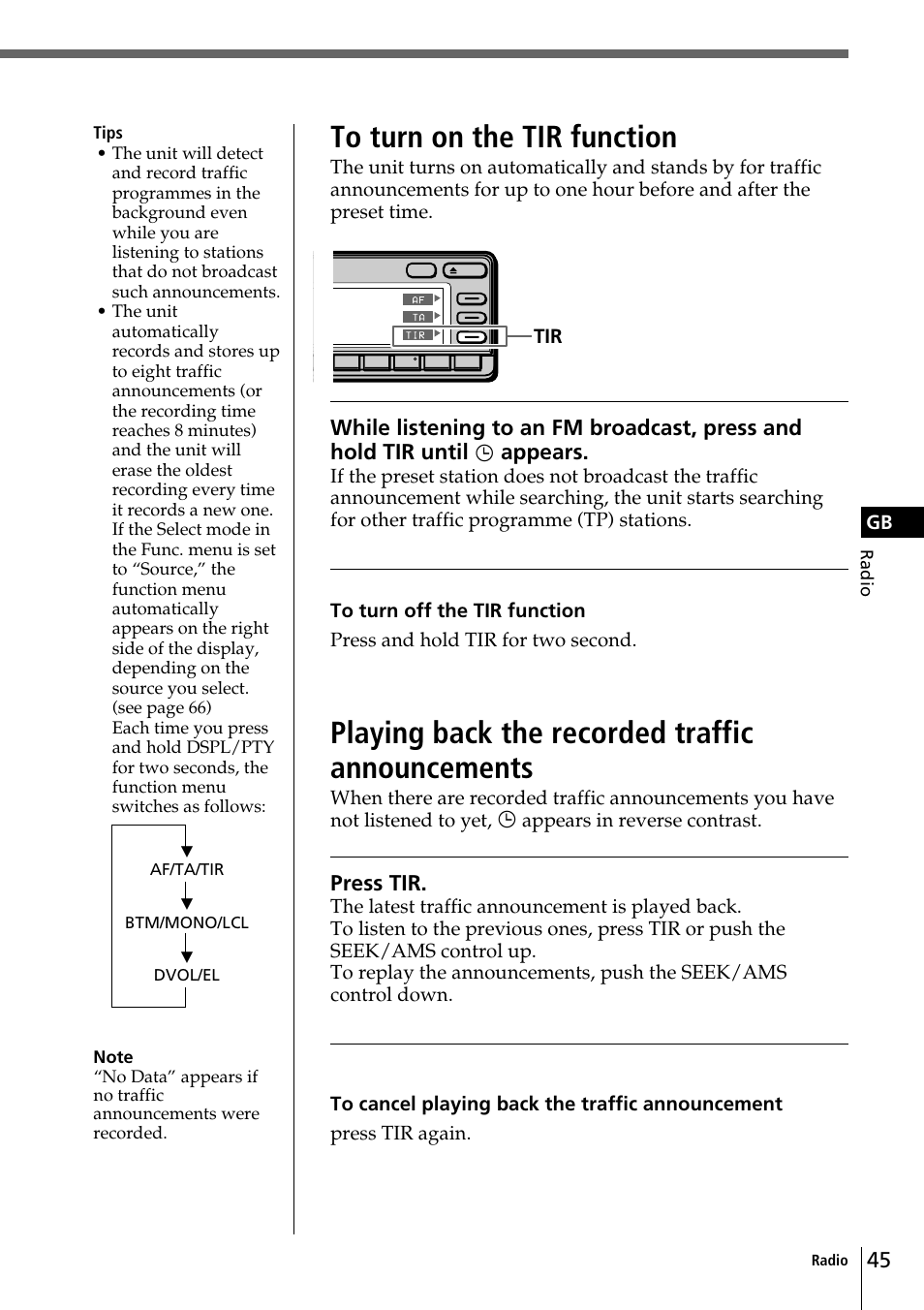 Playing back the recorded traffic announcements, Appears, Press tir | Sony CDX-C90R User Manual | Page 45 / 170