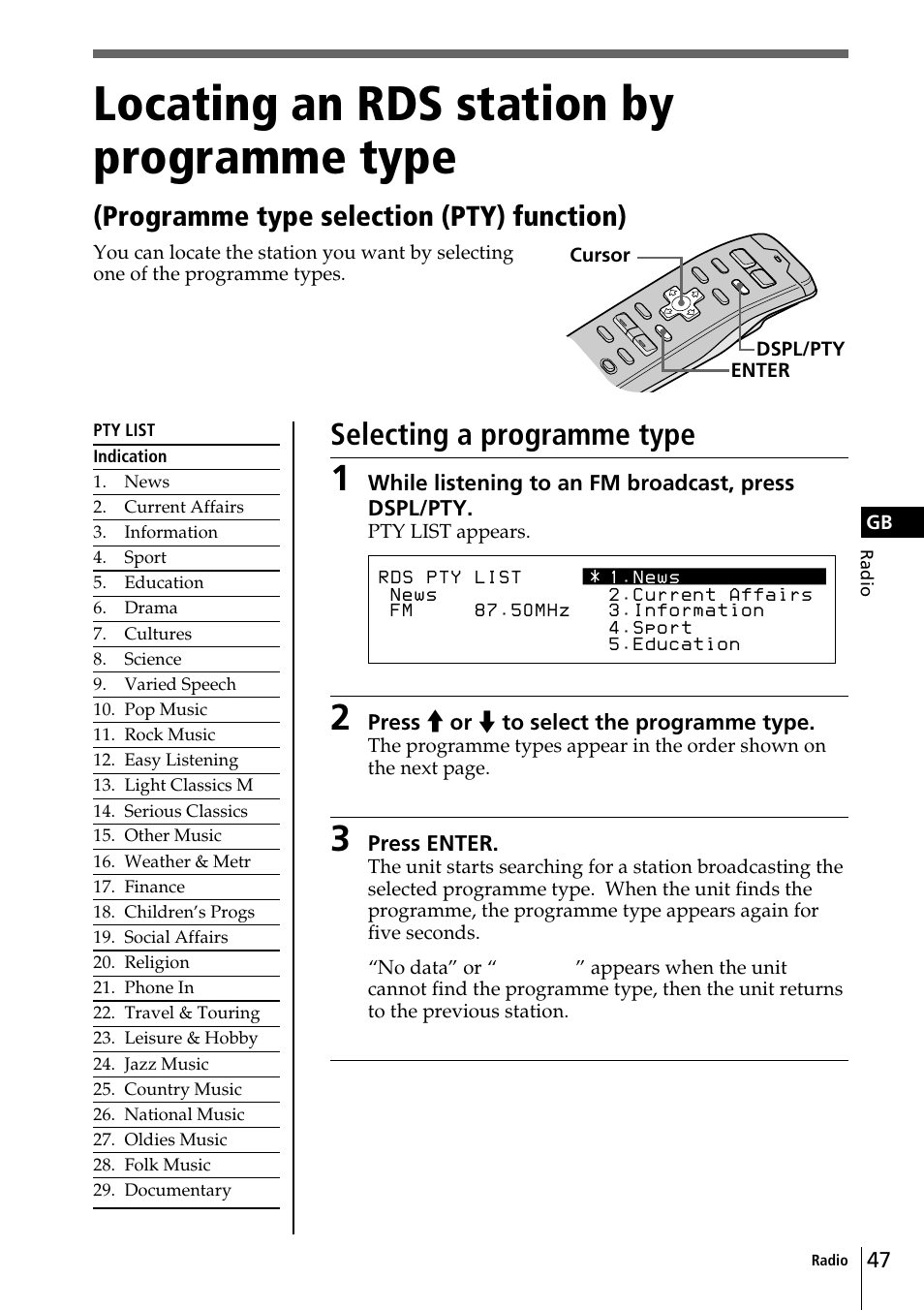 Locating an rds station by programme type, Selecting a programme type, Programme type selection (pty) function) | Sony CDX-C90R User Manual | Page 47 / 170