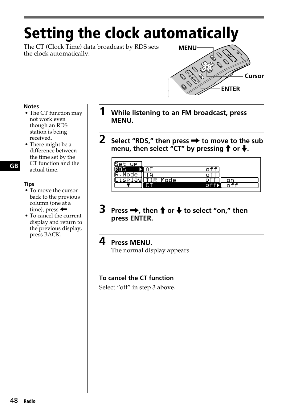 Setting the clock automatically | Sony CDX-C90R User Manual | Page 48 / 170
