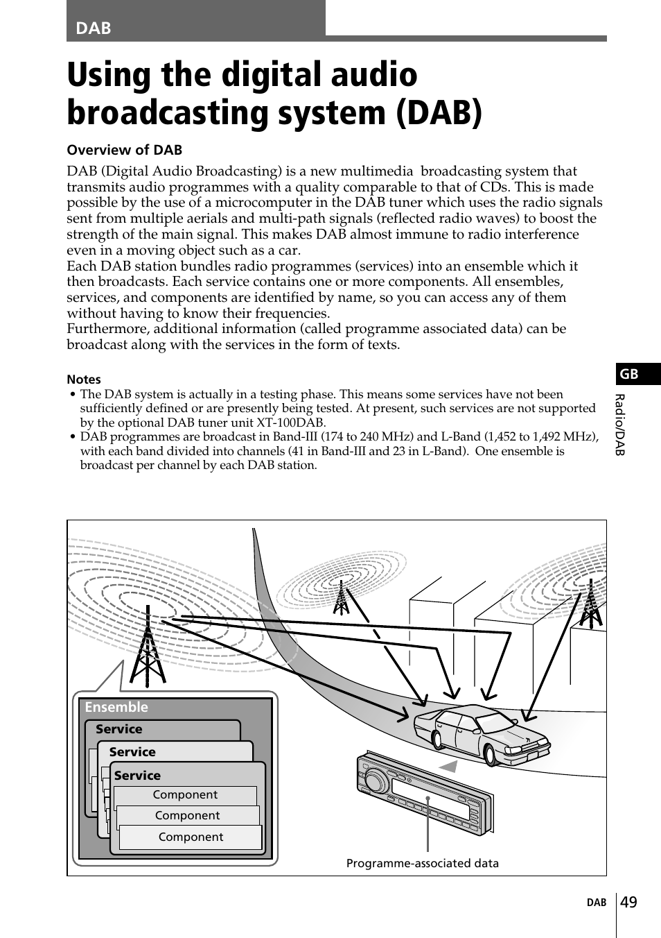 Using the digital audio broadcasting system (dab), Ensemble | Sony CDX-C90R User Manual | Page 49 / 170