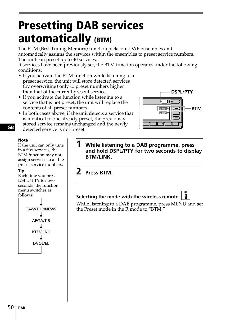 Presetting dab services automatically, Btm), Press btm | Sony CDX-C90R User Manual | Page 50 / 170