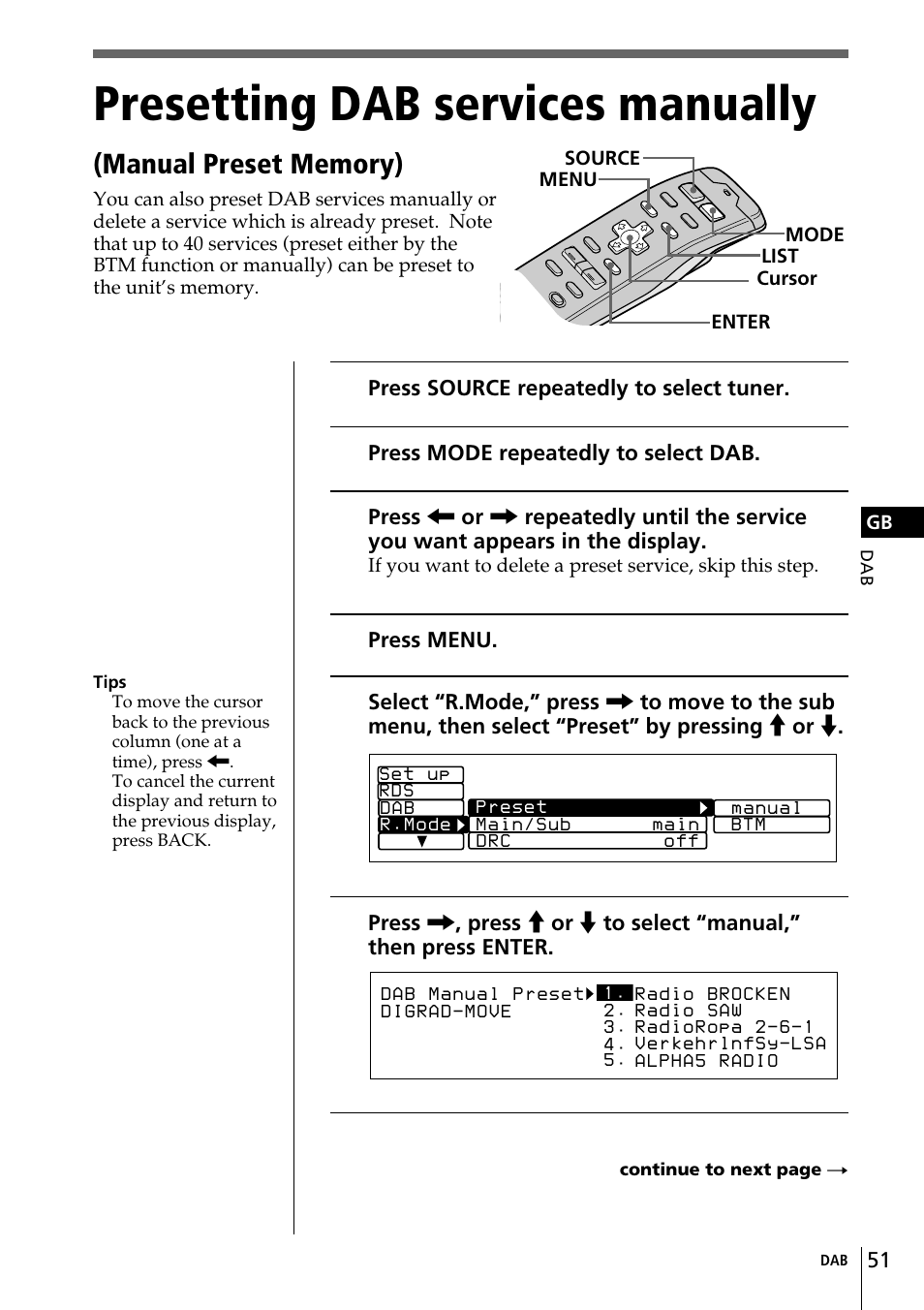 Presetting dab services manually | Sony CDX-C90R User Manual | Page 51 / 170