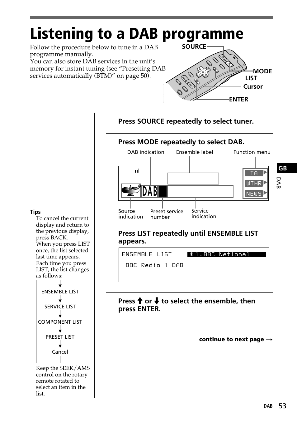 Listening to a dab programme, Bbc dab 8 radio 2 dab national bbc | Sony CDX-C90R User Manual | Page 53 / 170