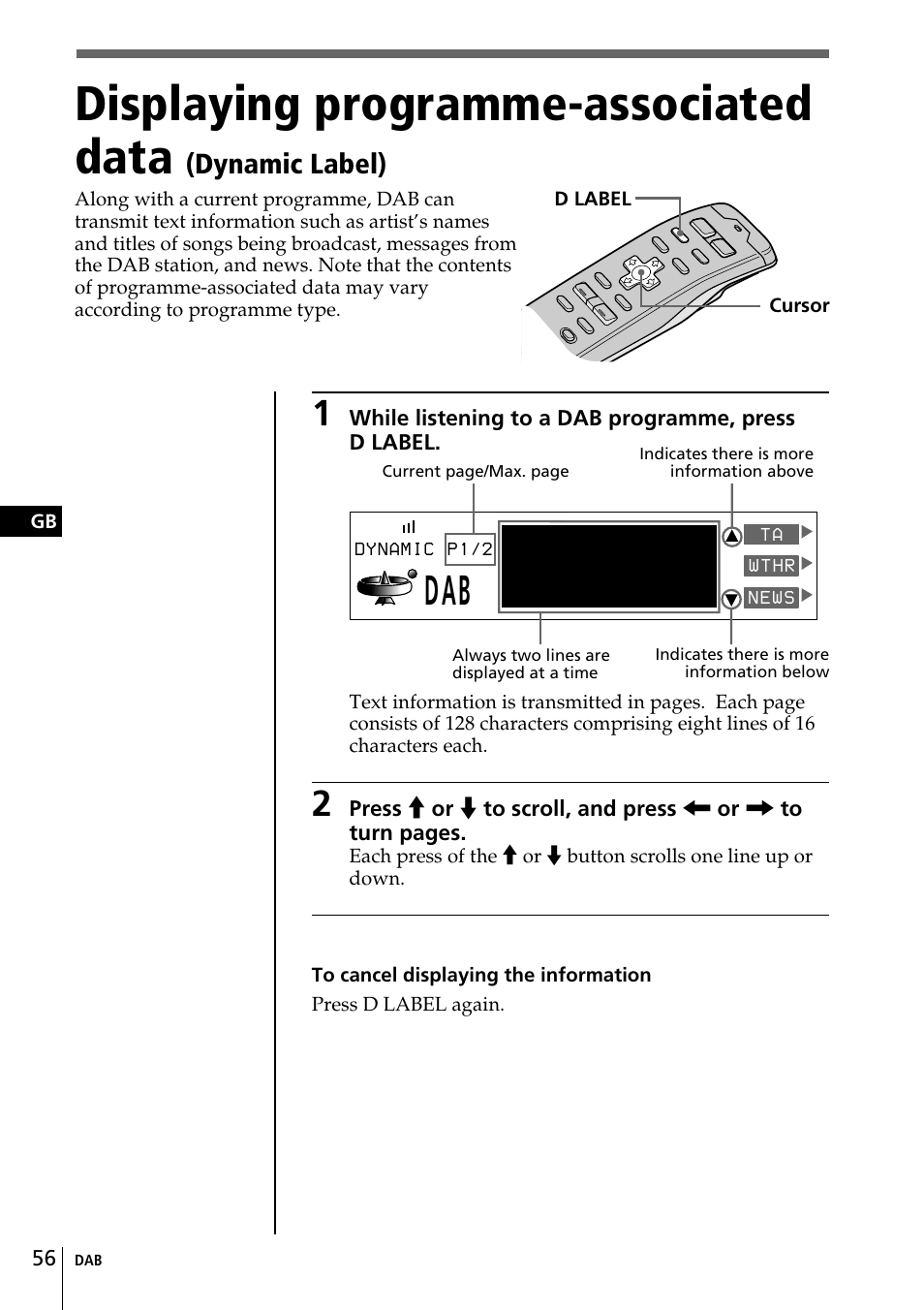 Displaying programme-associated data, Dab bbc radio one the uk’s new mu, Dynamic label) | Sony CDX-C90R User Manual | Page 56 / 170