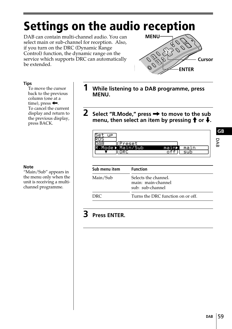 Settings on the audio reception | Sony CDX-C90R User Manual | Page 59 / 170