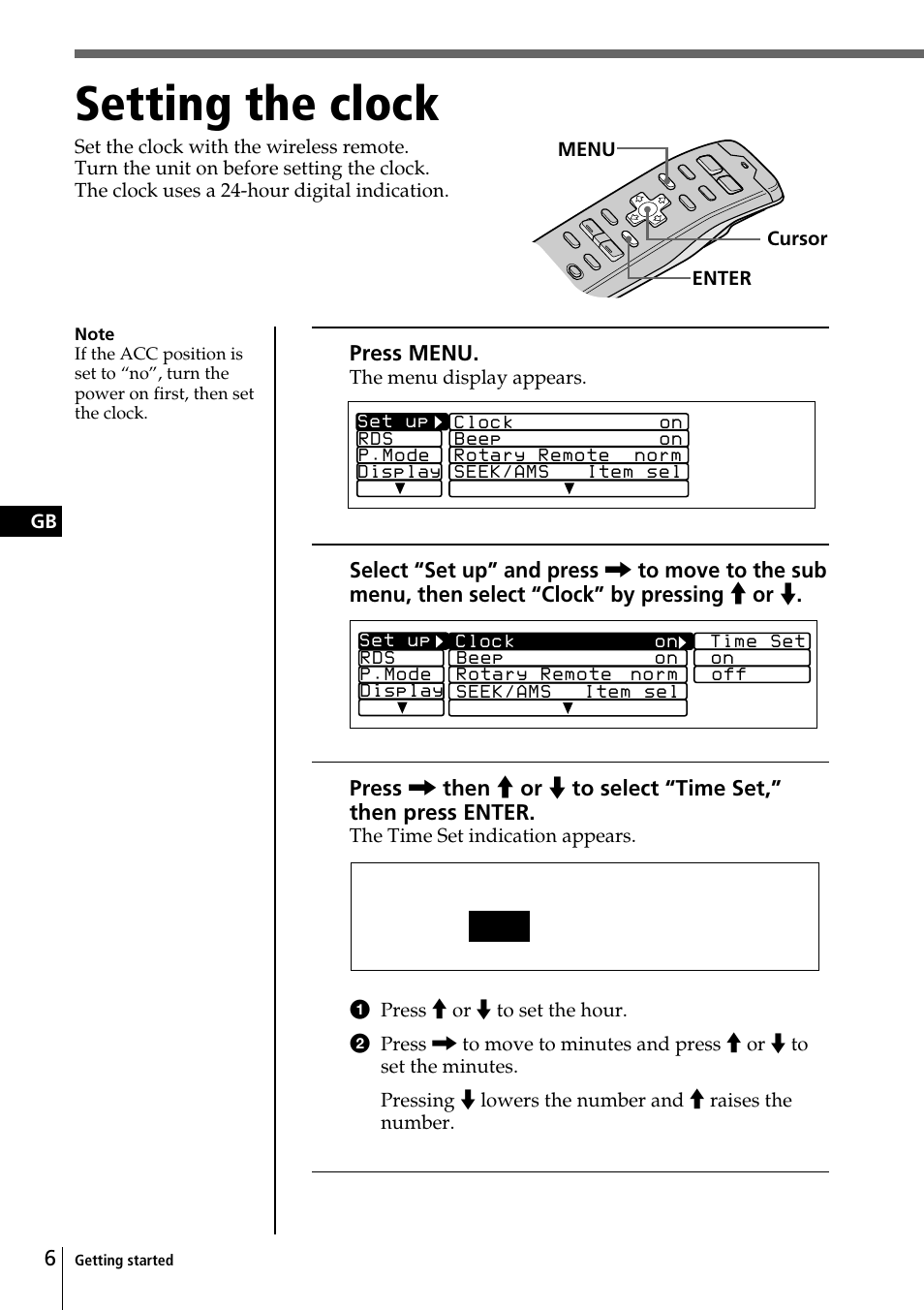 Setting the clock, Time set 1 : 0 0 | Sony CDX-C90R User Manual | Page 6 / 170