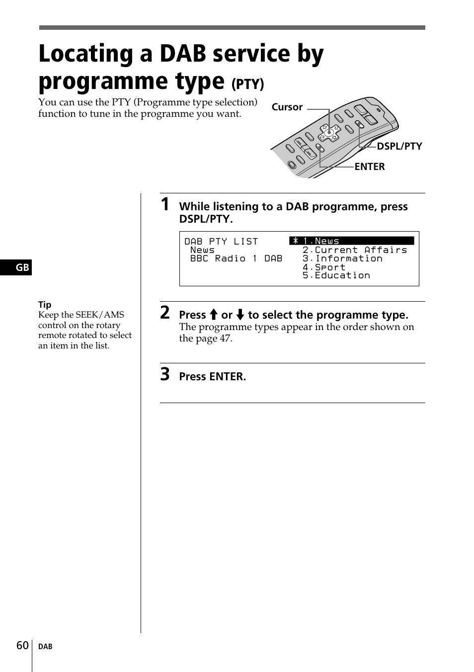 Locating a dab service by programme type, Pty) | Sony CDX-C90R User Manual | Page 60 / 170