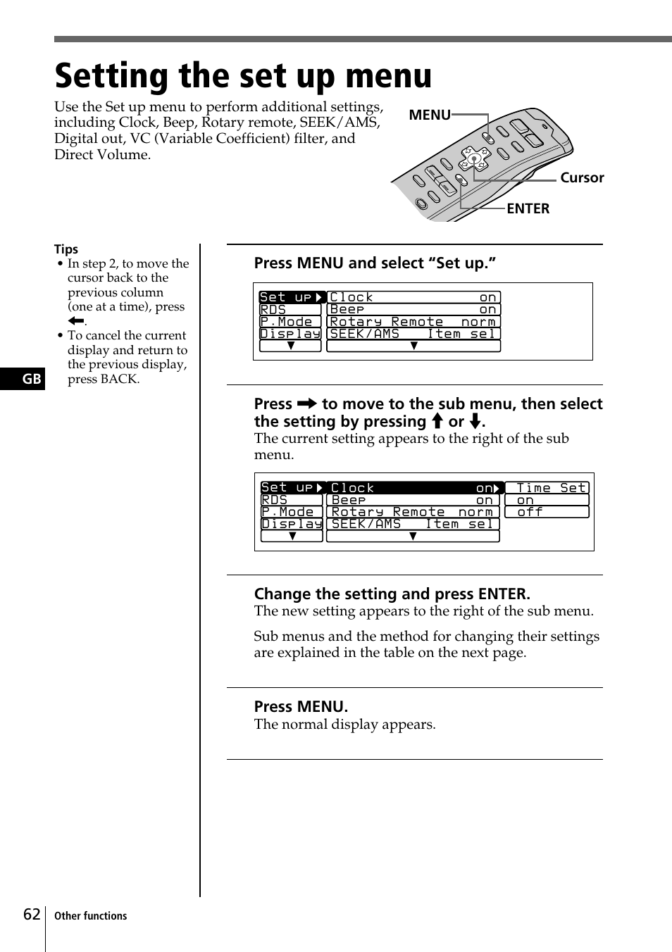 Setting the set up menu | Sony CDX-C90R User Manual | Page 62 / 170