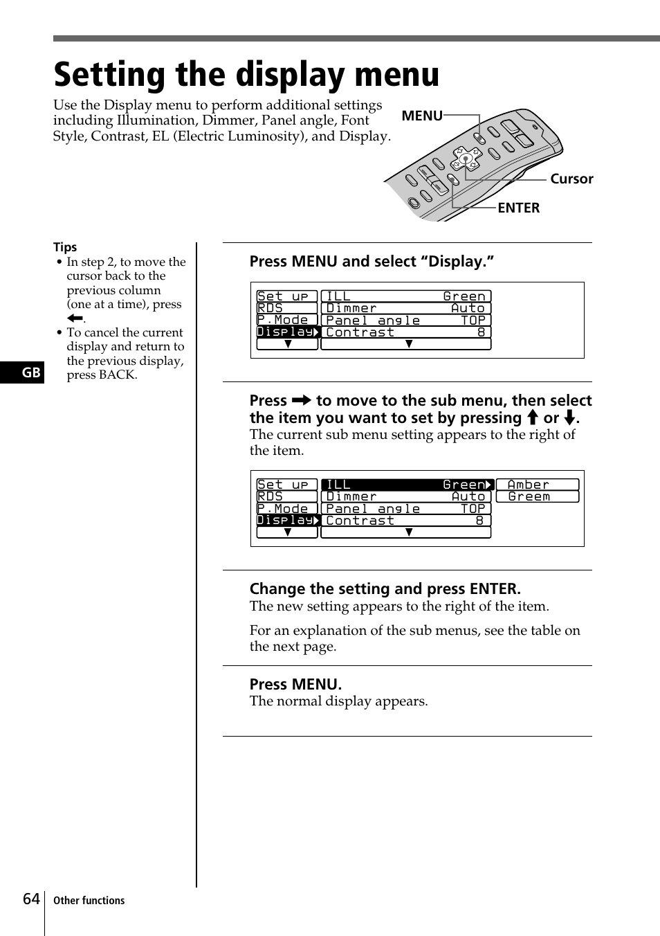 Setting the display menu | Sony CDX-C90R User Manual | Page 64 / 170