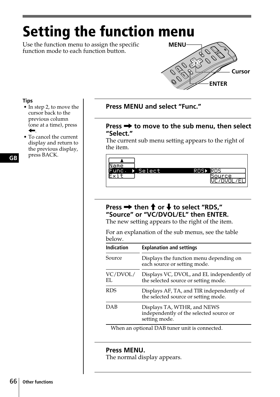 Setting the function menu | Sony CDX-C90R User Manual | Page 66 / 170