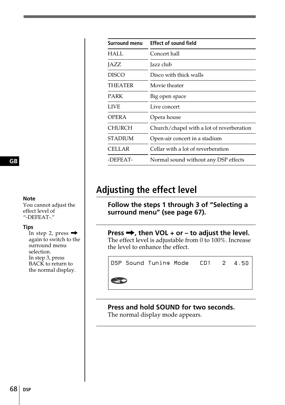 Sur hall effect 90, Adjusting the effect level | Sony CDX-C90R User Manual | Page 68 / 170