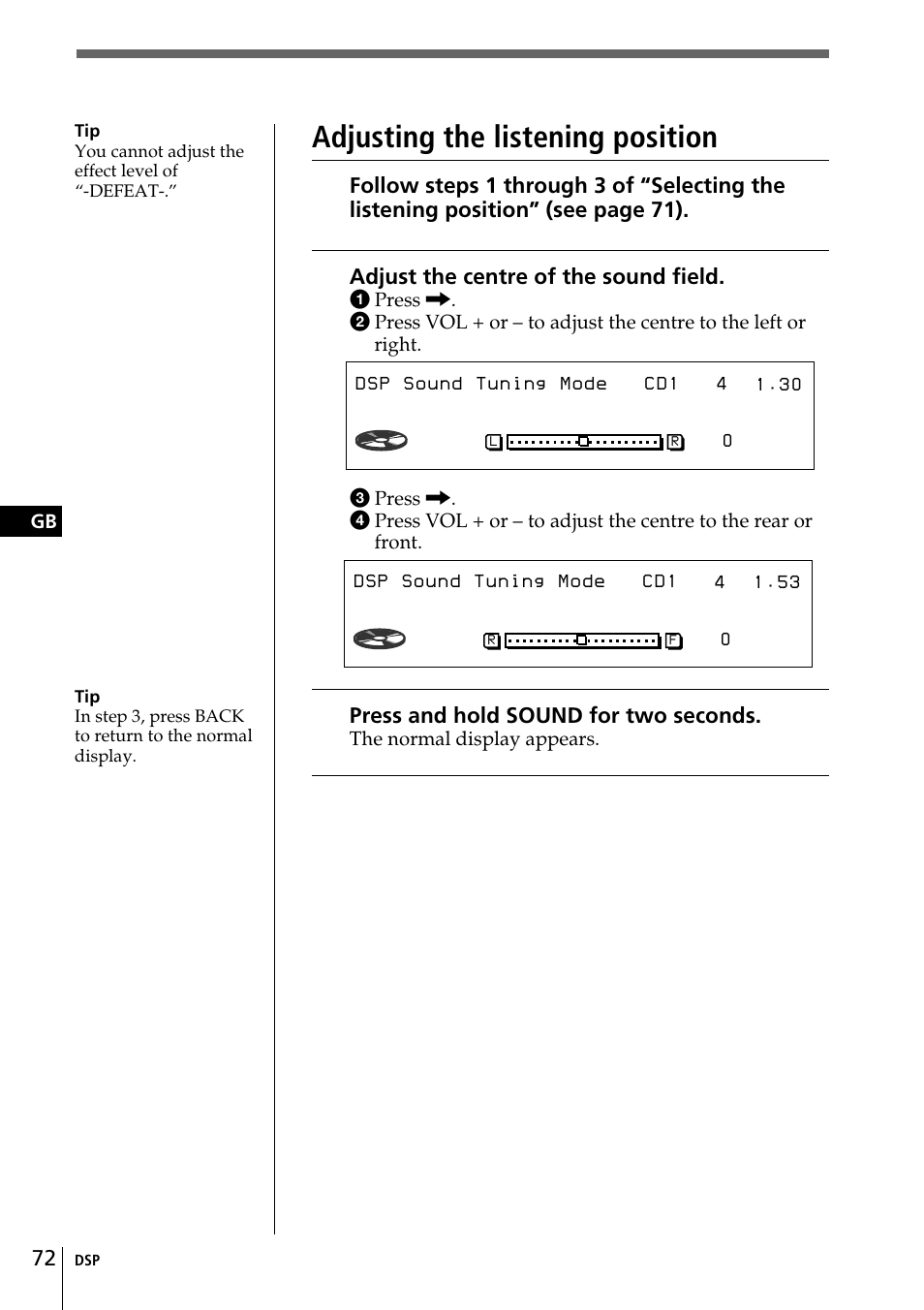 Pos all, Adjusting the listening position | Sony CDX-C90R User Manual | Page 72 / 170