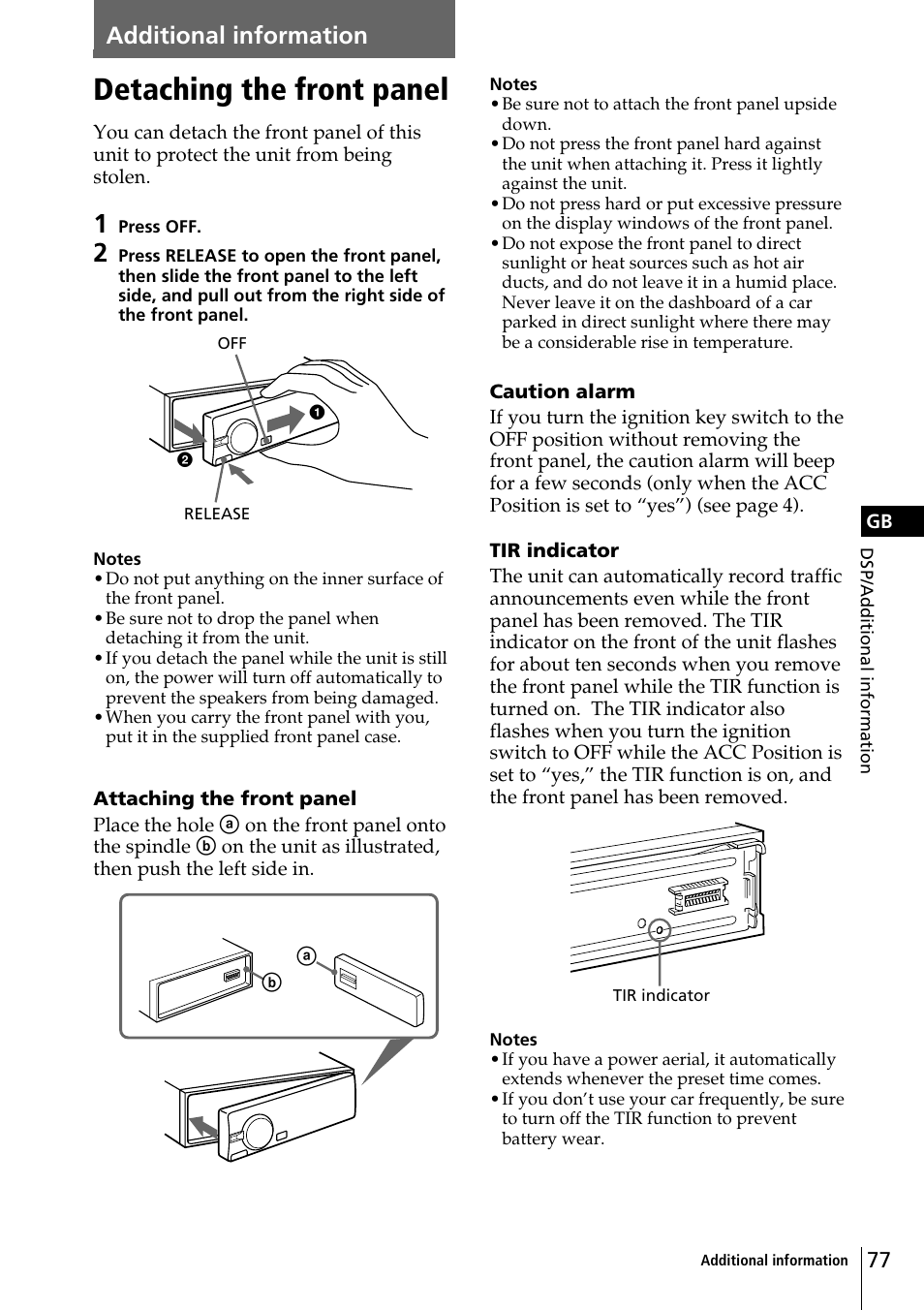 Detaching the front panel, Additional information | Sony CDX-C90R User Manual | Page 77 / 170