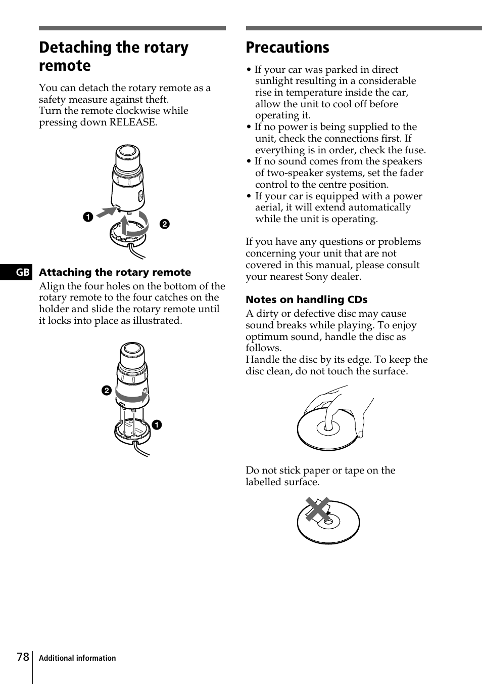 Precautions, Detaching the rotary remote | Sony CDX-C90R User Manual | Page 78 / 170