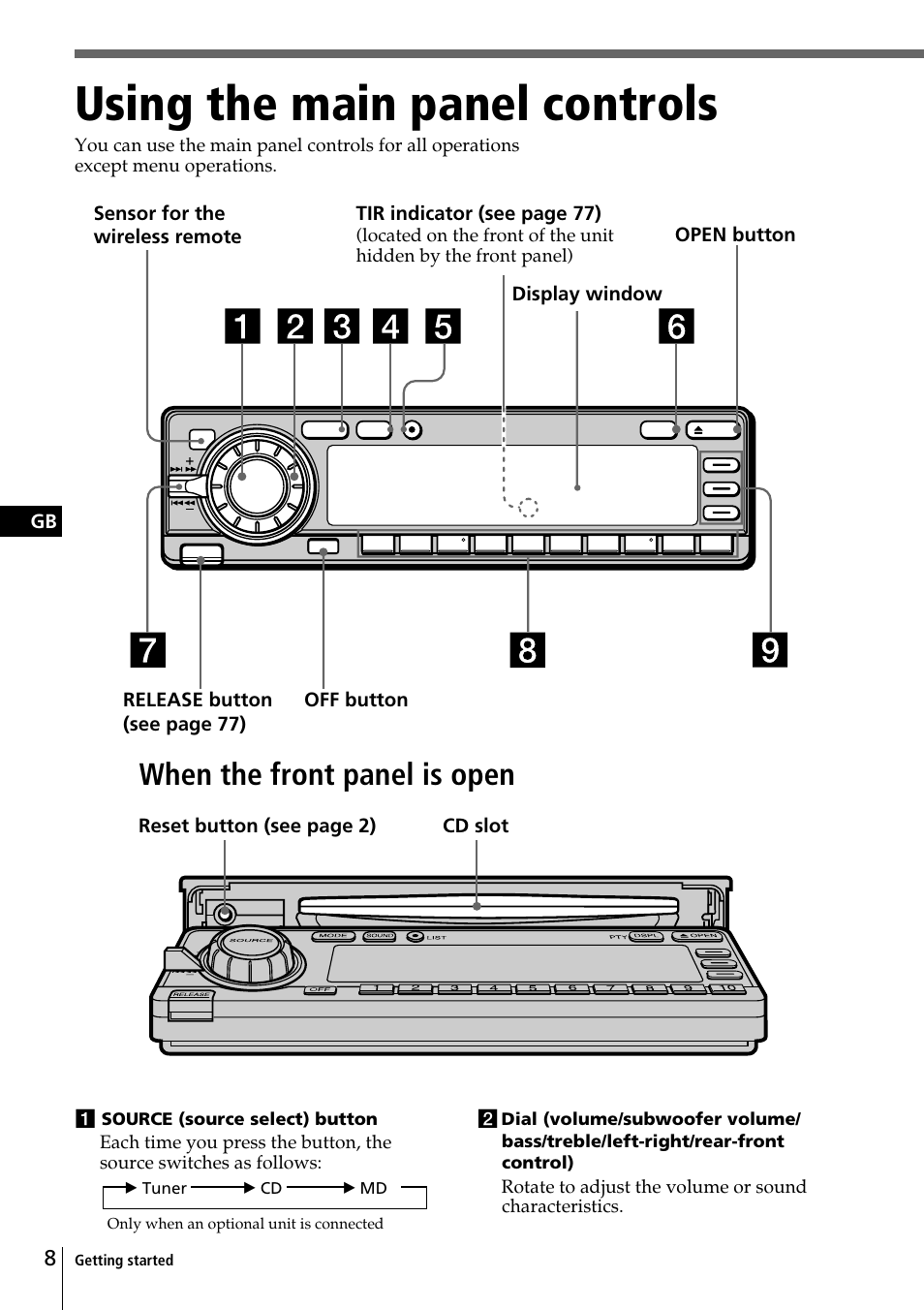 Using the main panel controls, When the front panel is open | Sony CDX-C90R User Manual | Page 8 / 170