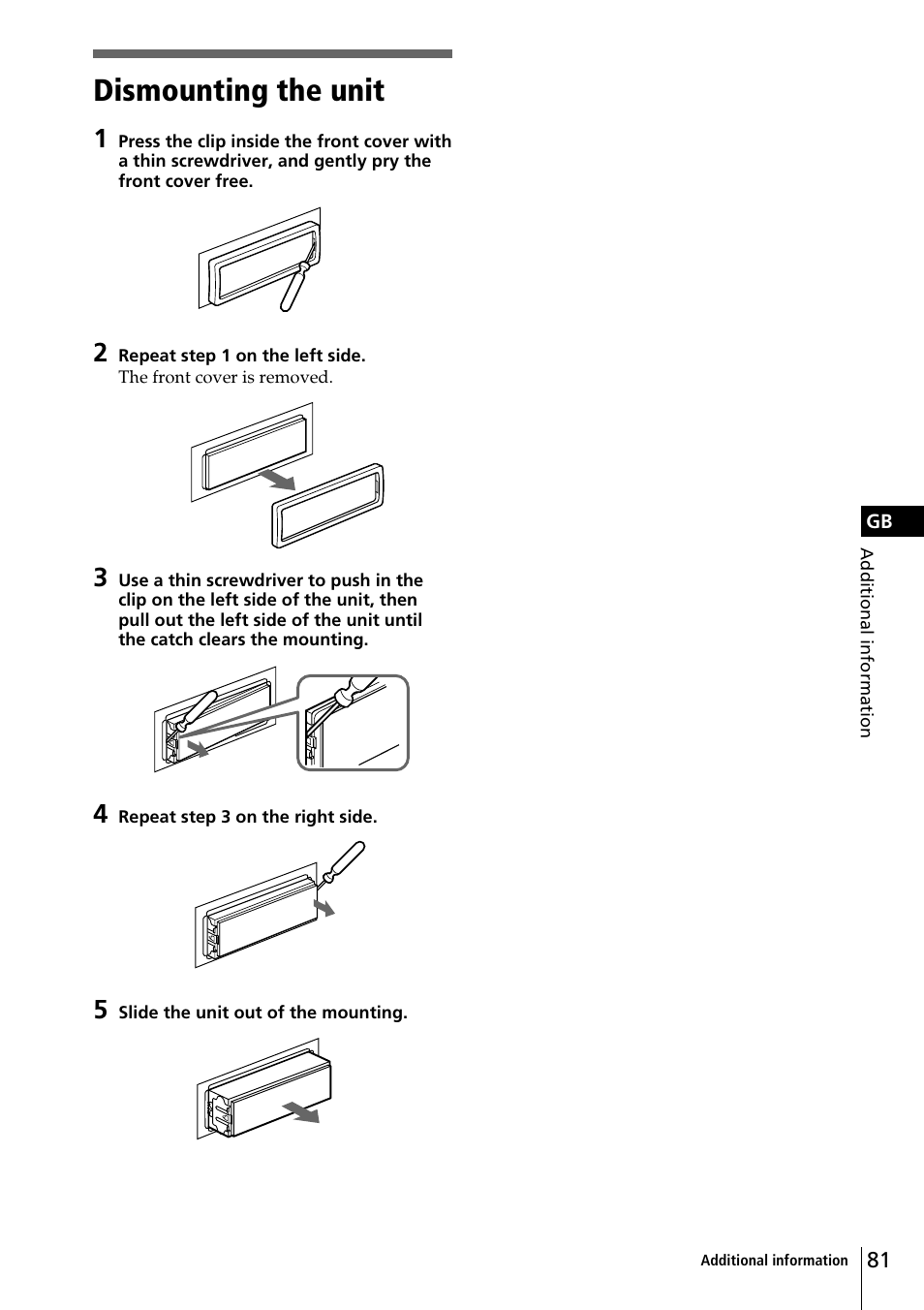 Dismounting the unit | Sony CDX-C90R User Manual | Page 81 / 170