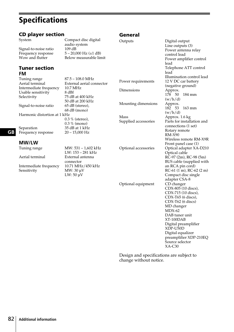 Specifications, Mw/lw, General | Sony CDX-C90R User Manual | Page 82 / 170