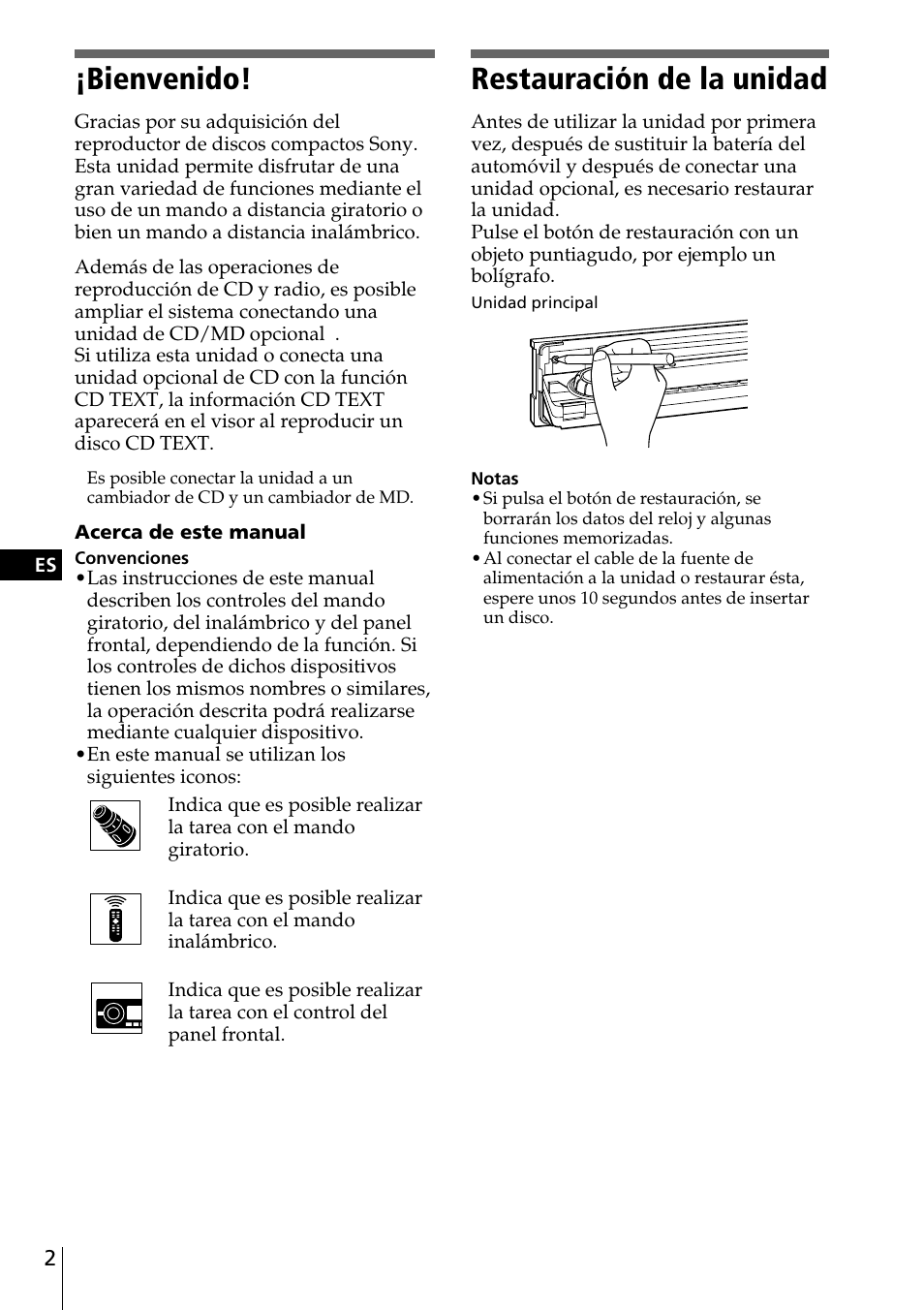 Restauración de la unidad, Bienvenido | Sony CDX-C90R User Manual | Page 86 / 170