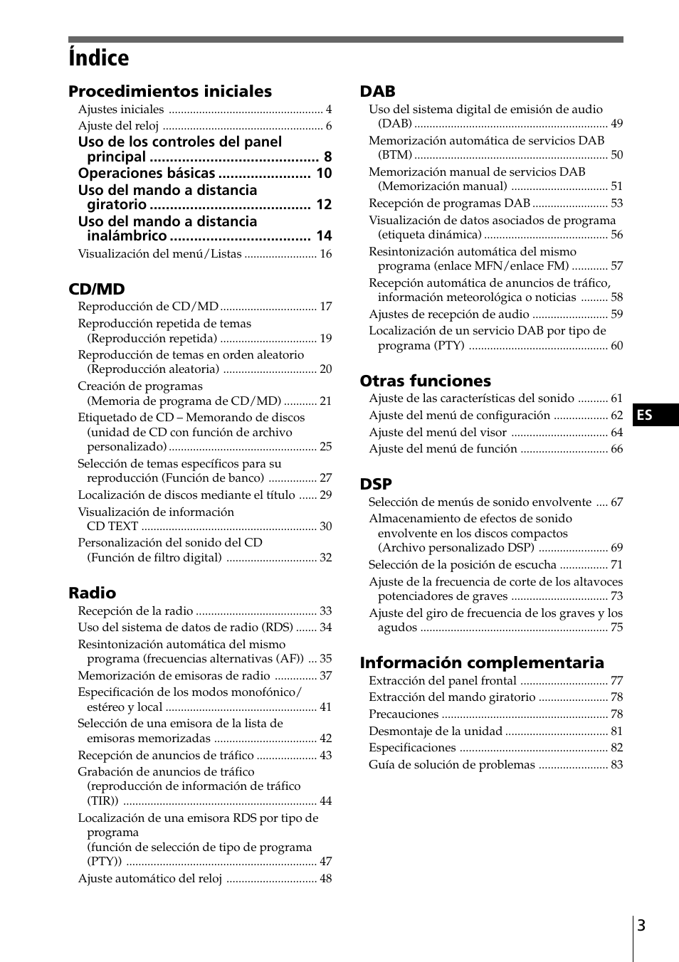 Índice, Procedimientos iniciales, Cd/md | Radio, Otras funciones, Información complementaria | Sony CDX-C90R User Manual | Page 87 / 170