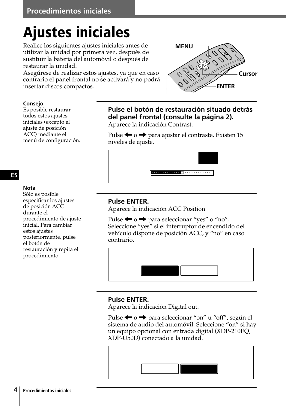 Ajustes iniciales, Acc position, Digital out | Contrast 8, No yes, On o ff | Sony CDX-C90R User Manual | Page 88 / 170