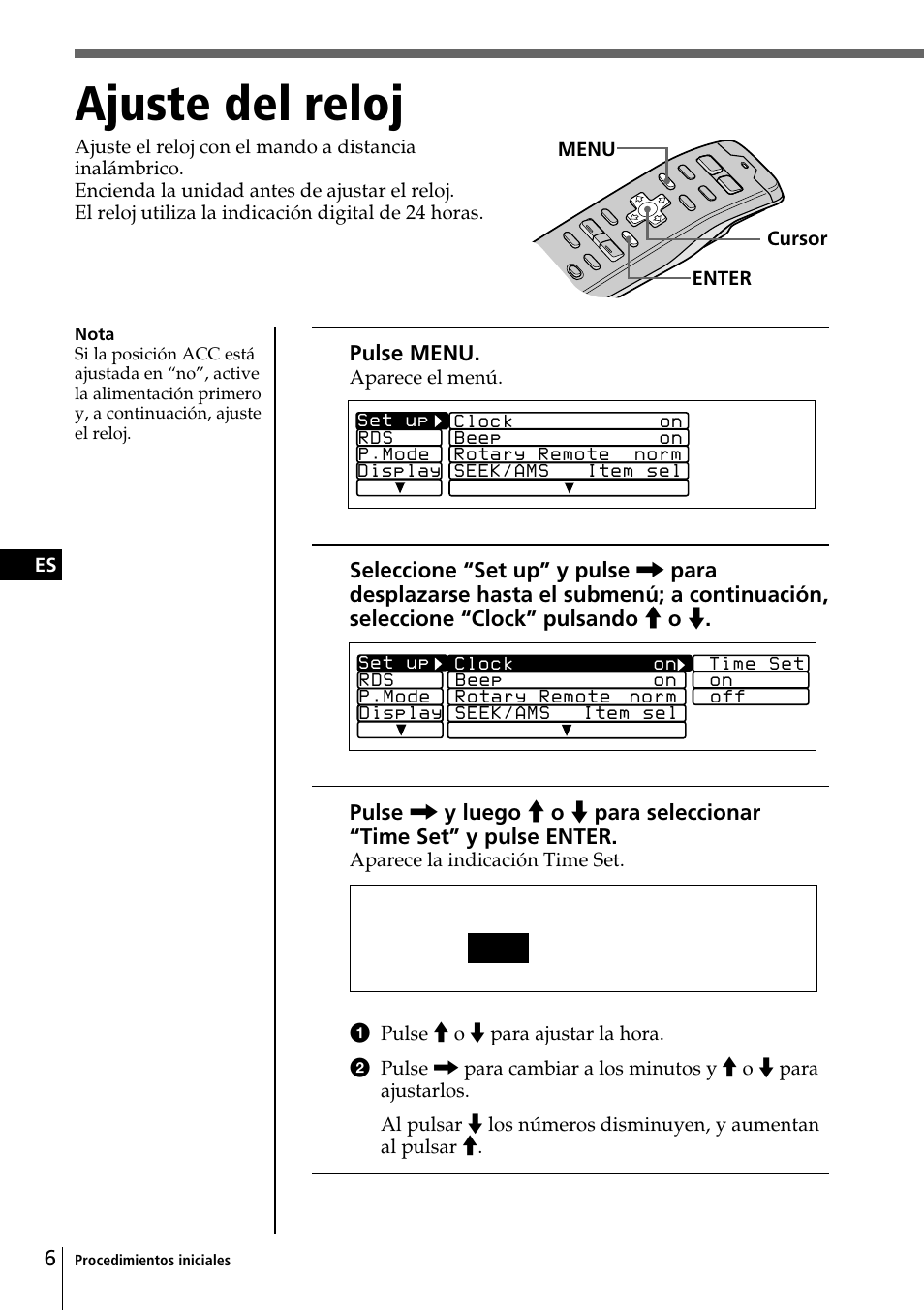 Ajuste del reloj, Time set 1 : 0 0 | Sony CDX-C90R User Manual | Page 90 / 170