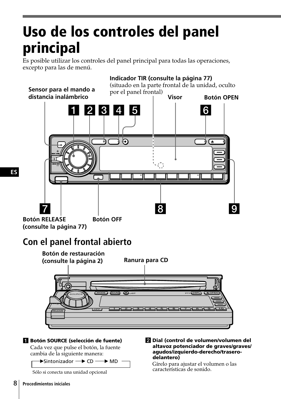 Uso de los controles del panel principal, Con el panel frontal abierto | Sony CDX-C90R User Manual | Page 92 / 170