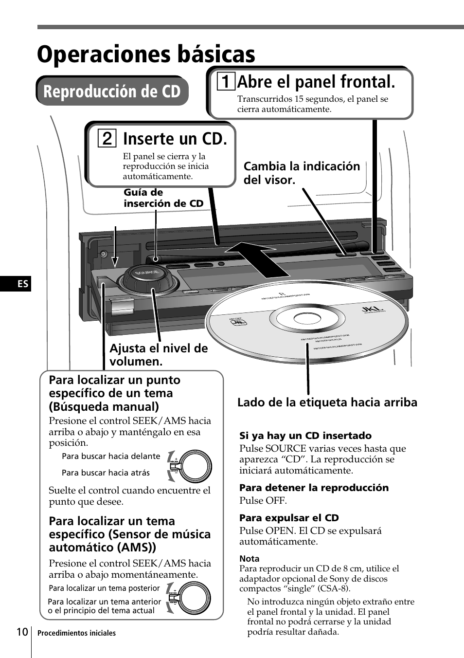 Operaciones básicas, Reproducción de cd, 2 inserte un cd | 1 abre el panel frontal | Sony CDX-C90R User Manual | Page 94 / 170